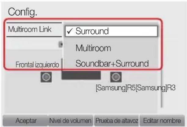 Config. Multiroom Link ✓ Surround Multiroom Frontal izquierdo Soundbar+Surround [Samsung]R5[Samsung]R3 Aceptar Nivel de volumen Prueba de altavoz Editar nombre