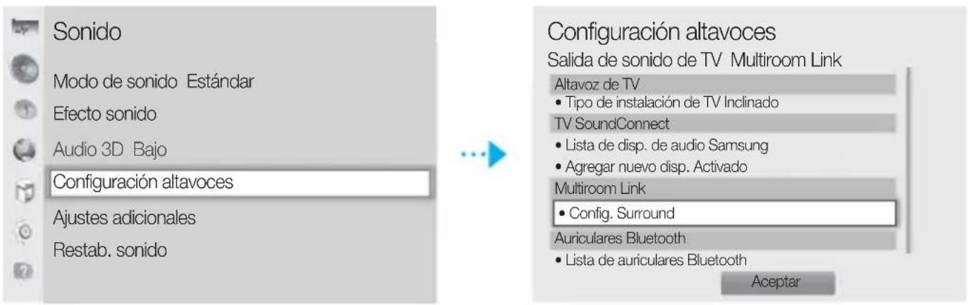 Sonido Modo de sonido Estándar Efecto sonido Audio 3D Bajo Configuración altavoces Ajustes adicionales Restab. sonido Configuración altavoces Salida de sonido de TV Multiroom Link Altavoz de TV • Tipo de instalación de TV Inclinado TV SoundConnect • Lista de disp. de audio Samsung • Agregar nuevo disp. Activado Multiroom Link • Config. Surround Auriculares Bluetooth • Lista de auriculares Bluetooth Aceptar