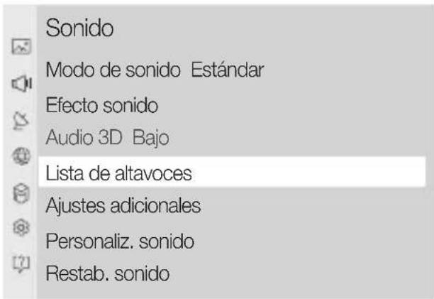 Sonido Modo de sonido Estándar Efecto sonido Audio 3D Bajo Lista de altavoces Ajustes adicionales Personaliz. sonido Restab. sonido