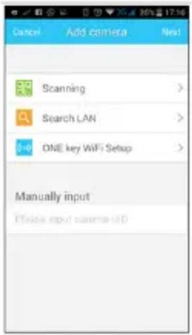 Cancel Add camera Next Scanning Search LAN ONE key WiFi Setup Manually input Flexible input scan here Iraq