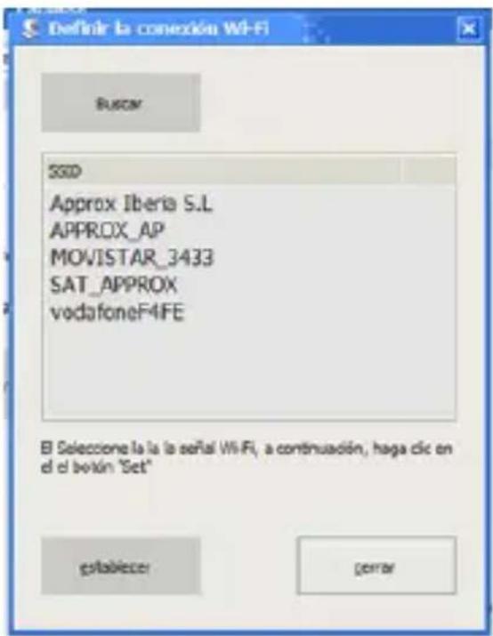 Definir la conexión Wi-Fi Buscan SSD Approx Iberia S.L APPROX_AP MOVISTAR_3433 SAT_APPROX vodafoneF4FE El Seleccione la la la señal Wi-Fi, a continuación, haga clic en el el vestón "Set" pristablecer cerrar