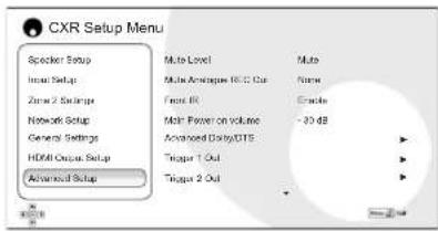 CXR Setup Menu Speaker Setup Input Setup Zone 2 Settings Network Setup General Settings HDMI Output Setup Advanced Setup Multi Level Multi Antenna (RCC) Cut Front IR Multi Power on Volume -30 dB Advanced Data/DTS Tingus 1 Out Tingus 2 Out