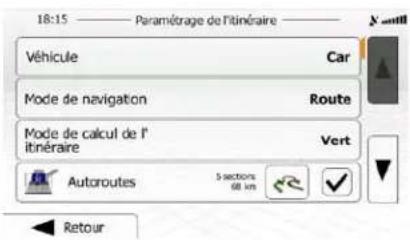 18:15 — Paramétrage de l'itinéraire Véhicule Car Mode de navigation Route Mode de calcul de l'itinéraire Vert Autoroutes 5 sections: 68 km Retour