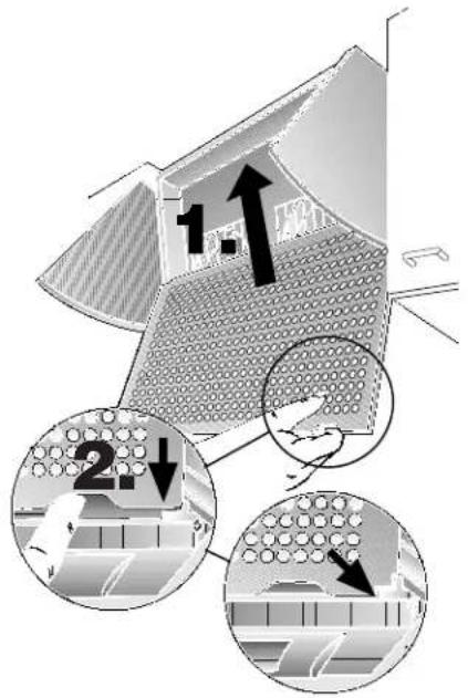 Diagram illustrating airflow or traffic flow through a building structure with numbered arrows and circular insets highlighting structural changes.