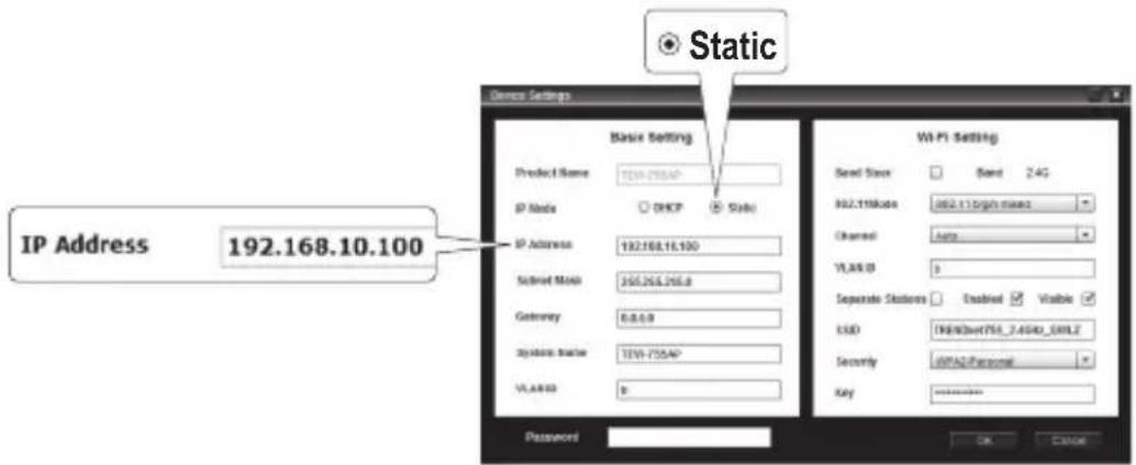 Static IP Address 192.168.10.100 Basic Setting Product Name: 192.168.100 IP Mode: DHCP State IP Address: 192.168.16.100 Subnet Mask: 355.255.255.8 Gateway: 8.8.8.8 System Status: 197-755AP VLA#ID: 8 WIFI Setting Send Stover Band 2.4G H02.11Mkns H02.11Grh mms Channel Auto VLA# ID 9 Separate Stations…