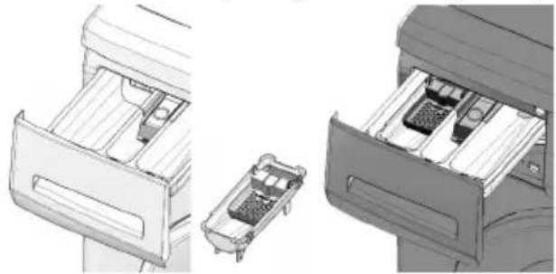 Technical illustration of a printer drawer mechanism showing internal compartments and a separate slot (no text or symbols)