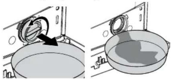 Two-step diagram showing a washing machine with a rotary knob and a close-up of the interior basin (no text or symbols)
