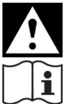 Warning symbol with exclamation mark and open book icon containing 'i'
