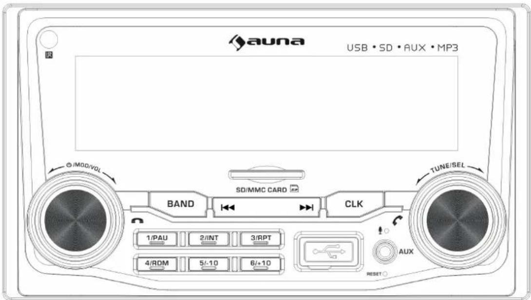 auna USB • SD • AUX • MP3 MOD/VOL SD/MMC CARD BAND CLK TUNE/SEL 1/PAU 2/INT 3/RPT 4/ROM 5/-10 6/+10 AUX RESET