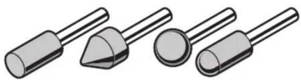 Illustration of four different types of mechanical tools or components, including a cylindrical tool, a triangular pin, a circular knob, and a cylindrical tool (no text or symbols present)