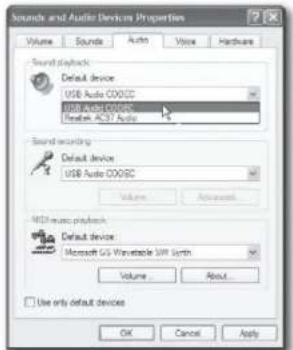 Sounds and Audio Devices Properties Volume Sound Audio Voice Hardware Sound playback Default Device USB Audio COD/DC USB Audio COD/DC Readout AC/7 Audio Sound recording Default Device USB Audio COD/DC Volume Advanced MOS audio playback Default Device Microsoft GS Vibrate 50% Synth Volume... About...…