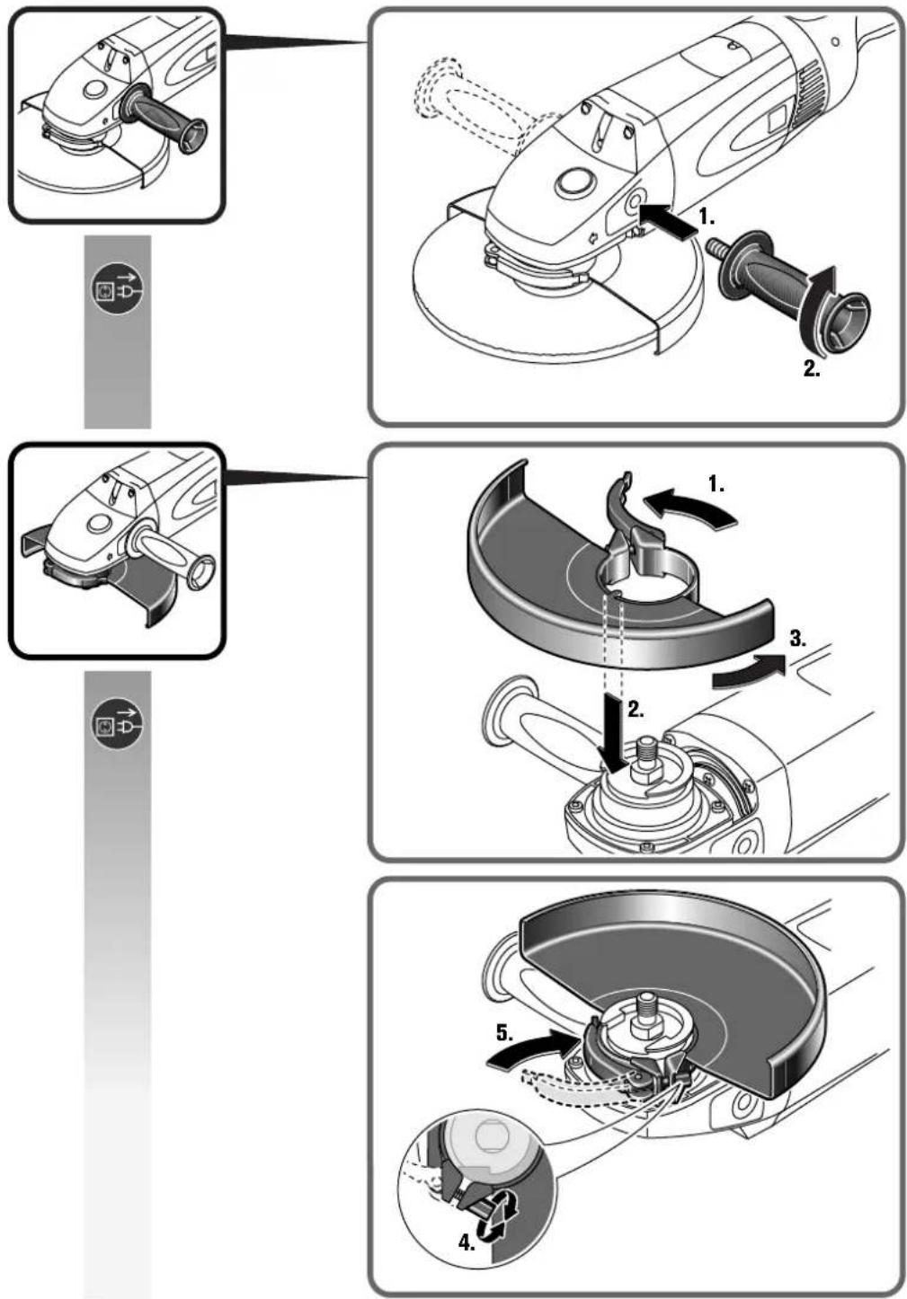 Technical diagram illustrating the step-by-step installation of a grinding machine tool, showing steps from tool positioning to disassembly.