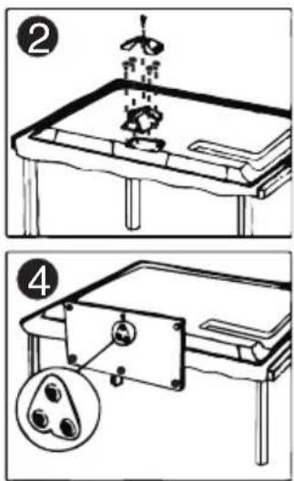 Diagram illustrating a table setup with labeled parts and an inset showing a three-hole contact mechanism.