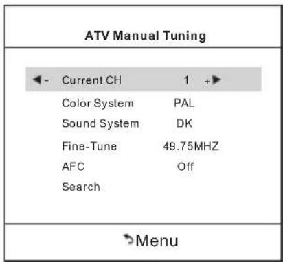 ATV Manual Tuning - Current CH 1 +> Color System PAL Sound System DK Fine-Tune 49.75MHZ AFC Off Search Menu