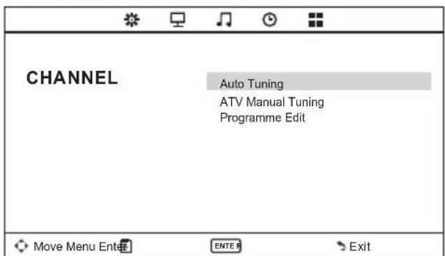 CHANNEL Auto Tuning ATV Manual Tuning Programme Edit Move Menu Enter ENTER Exit