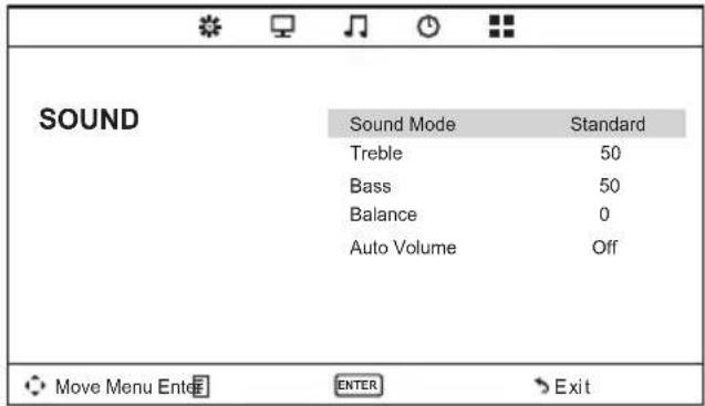 SOUND Sound Mode Standard Treble 50 Bass 50 Balance 0 Auto Volume Off Move Menu Ente ENTER Exit