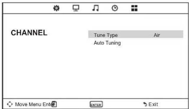 CHANNEL Tune Type Air Auto Tuning Move Menu Enter ENTER Exit