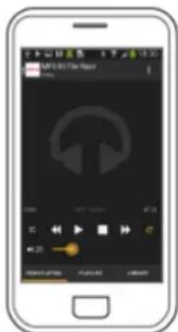 Screenshot of a mobile music player interface showing playback controls and a circular play button