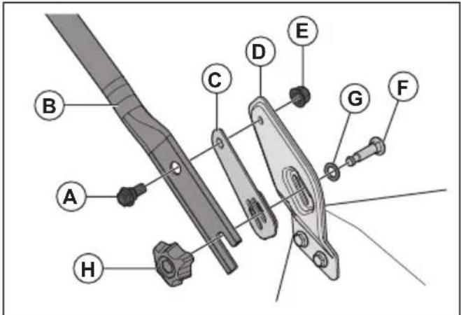 Technical diagram of a mechanical assembly with labeled parts A through H