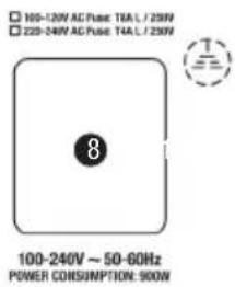 100-120V AC Phase TIA.L/250W 220-240V AC Phase TIA.L/250W 100-240V ~ 50-60Hz POWER CONSUMPTION: 900W