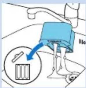 Diagram showing a mechanical device with a blue component and a magnified inset of a cylindrical component, labeled '110'