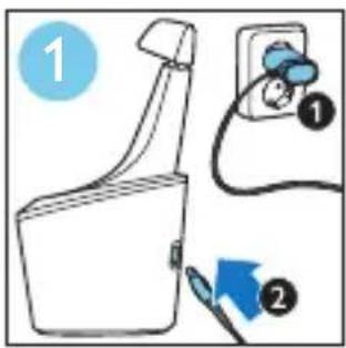 Diagram showing a spray bottle with labeled parts and a blue arrow indicating direction, likely illustrating a spray or cleaning process.