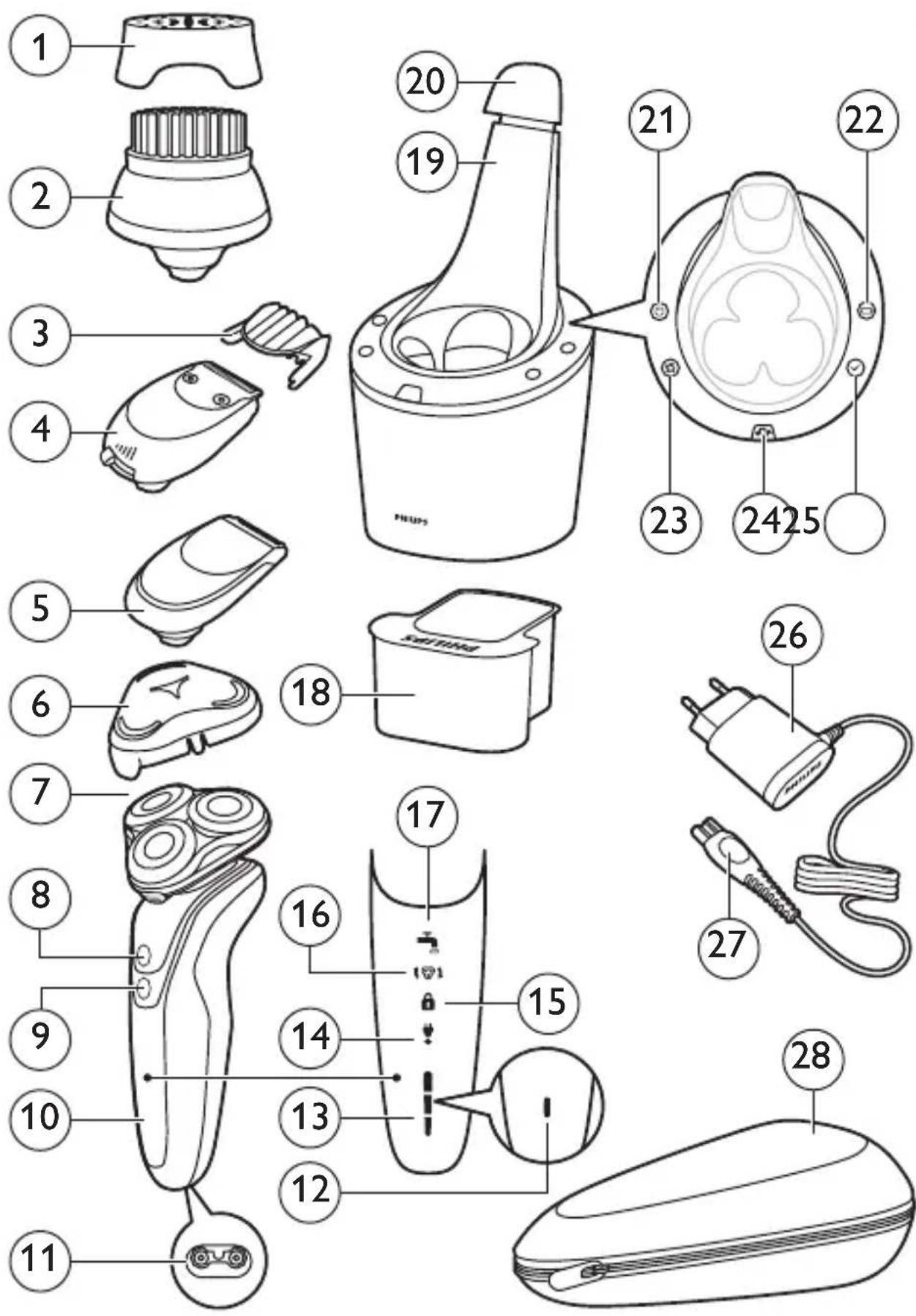 Labeled diagram of a hairdryer with numbered parts for identification and assembly reference.