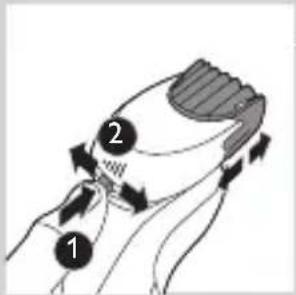Diagram showing two labeled parts (1 and 2) of a hairpin or hair accessory with directional arrows indicating movement.