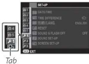 SET/UP DATE/TIME TIME DIFFERENCE ENGLISH SOUND & FLASH OFF OFF SOUND SET-UP SCREEN SET-UP EXIT Tab