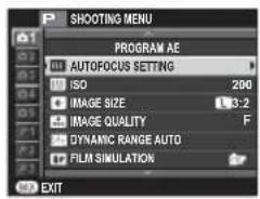SHOOTING MENU PROGRAM AE AUTOFOCUS SETTING ISO 200 IMAGE SIZE 3:2 IMAGE QUALITY F DYNAMIC RANGE AUTO FILM SIMULATION EXIT