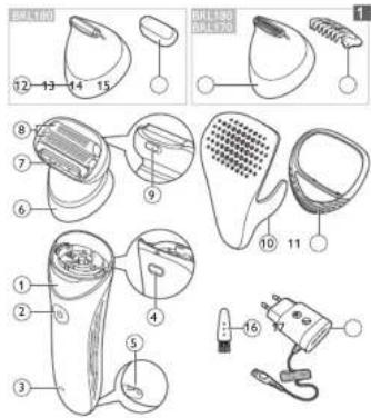 Technical diagram showing exploded views of a hairless device with numbered parts and labeled parts