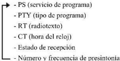 - PS (servicio de programa) - PTY (tipo de programa) - RT (radiotexto) - CT (hora del reloj) - Estado de recepción - Número y frecuencia de presintonía