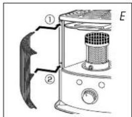Diagram of a device with labeled parts, showing a fan blade and internal structure with a mesh chamber and control knob.