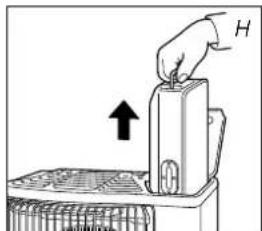 Diagram showing a hand pressing down a device labeled 'H' with an upward arrow, likely illustrating a process or operation.