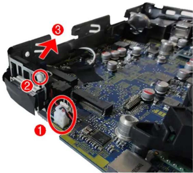 Labeled diagram of an electronic circuit board with numbered components and red arrows indicating parts of interest.