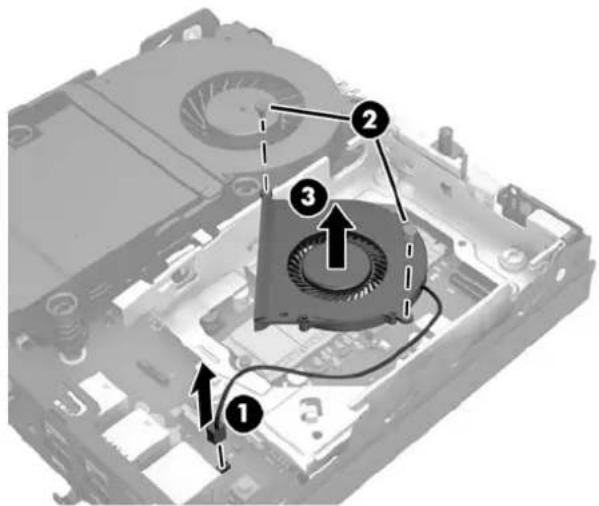 Diagram of a computer motherboard with numbered components and directional arrows indicating assembly or movement.