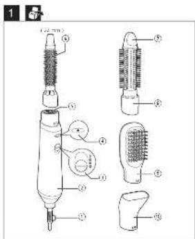 Technical diagram of a hairdryer with labeled parts including spray nozzle, filter, and cap