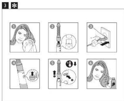 Illustrated guide showing six steps of hair styling or hairpin application, with numbered instructions and icons.