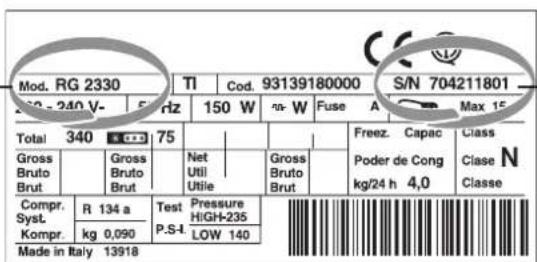 Mod. RG 2330 TI Cod. 93139180000 S/N 704211801 250 - 240 V- 5 m/z 150 W no-W Fuse A Max 15 Total 340 C+5 75 Gross Bruto Brut Gross Bruto Brut Net Util Utilie Gross Bruto Brut Freez. Capac Class Poder de Cong kg/24 h 4,0 Clase N Classe Compr. R 134 a Test Pressure Syst. High-235 Kompr. kg 0,090 LOW 1…