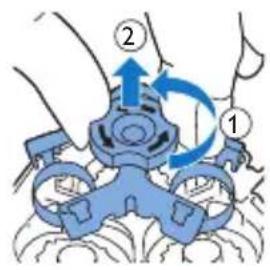 Diagram showing a hand holding a device with labeled parts and directional arrows indicating motion or operation.