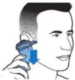 Illustration of a person using a handheld earpiece with a blue arrow indicating direction (no text or symbols)