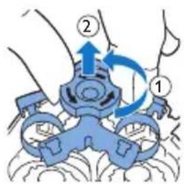 Diagram showing a blue mechanical device with labeled parts and directional arrows indicating motion or force