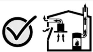 Diagram showing a checkmark and a schematic of a gas stove with airflow indicators