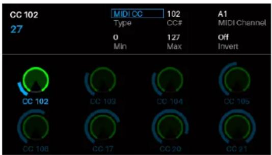 CC 102 27 MIDI CC Type 102 CC# 0 127 Min Max A1 MIDI Channel Off Invert CC 102 CC 103 CC 104 CC 105 CC 106 CC 17 CC 20 CC 21