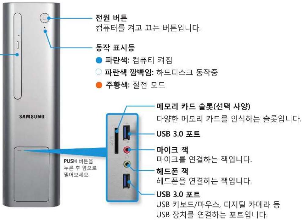 전원 버튼 컴퓨터를 켜고 끄는 버튼입니다. 동작 표시등 파란색: 컴퓨터 켜짐 파란색 깜백임: 하드디스크 동작중 주황색: 절전 모드 메모리 카드 슬롯(선택 사양) 다양한 메모리 카드를 인식하는 슬롯입니다. USB 3.0 포트 마이크 책 마이크를 연결하는 책입니다. 헤드폰 책 헤드폰을 연결하는 책입니다. USB 3.0 포트 USB 키보드/마우스, 디지털 카메라 등 USB 장치를 연결하는 포트입니다. SAMSUNG PUSH 버튼을 누른 후 옆으로 밀어보세요.