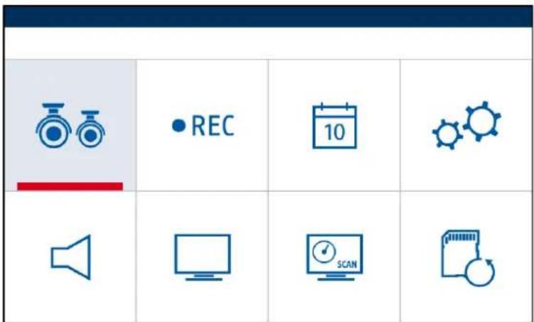 Diagram showing six labeled icons: camera, REC, calendar, gear, monitor, and scan with a timer and circular icon.