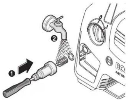 Diagram showing a tool applying spray to a car's front panel, with labeled parts and directional arrow