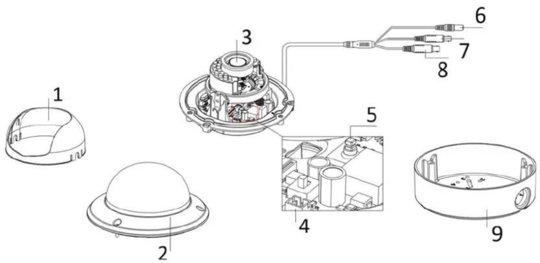 Exploded view diagram of a device with numbered components and internal wiring connections