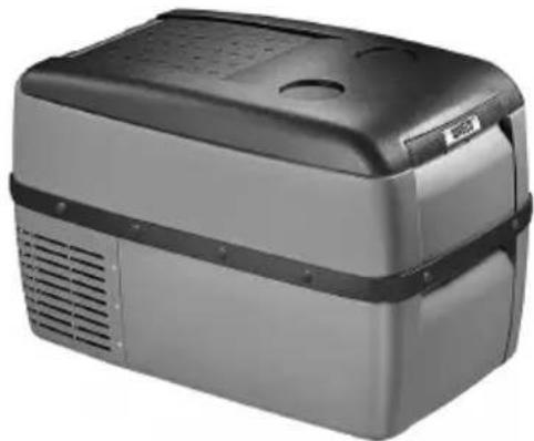 Exterior view of a black and gray portable refrigerator with ventilation slots (no visible text or symbols)