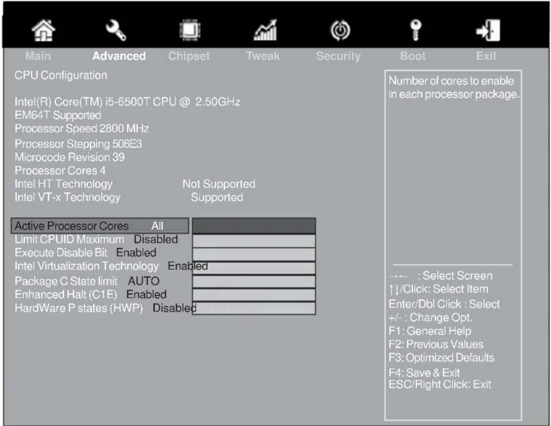 Main Advanced Chipset Tweak Security Boot Exit CPU Configuration Intel(R) Core(TM) i5-6500T CPU @ 2.50GHz EM64T Supported Processor Speed 2800 MHz Processor Stepping 506E3 Microcode Revision 39 Processor Cores 4 Intel HT Technology Not Supported Intel VT-x Technology Supported Active Processor Cores All Limit CPUID Maximum Disabled Execute Disable Bit Enabled Intel Virtualization Technology Enabled Package C State limit AUTO Enhanced Halt (C1E) Enabled Hardware P states (HWP) Disabled Number of cores to enable in each processor package. --- : Select Screen ↑/Click: Select Item Enter/Dbl Click : Select +/- : Change Opt. F1: General Help F2: Previous Values F3: Optimized Defaults F4: Save & Exit ESC/Right Click: Exit